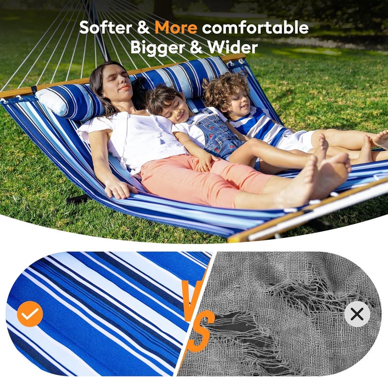 Everyfun Double Hammock with Spreader Bar,Soft Pillow,Max Load 500lbs,Portable Hammock for Outdoor,Camping,and Backyard,Blue - Image 4